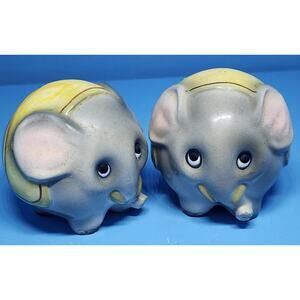 Round Elephant Salt & Pepper Shaker Set Japan 139 H955 Gray + Yellow